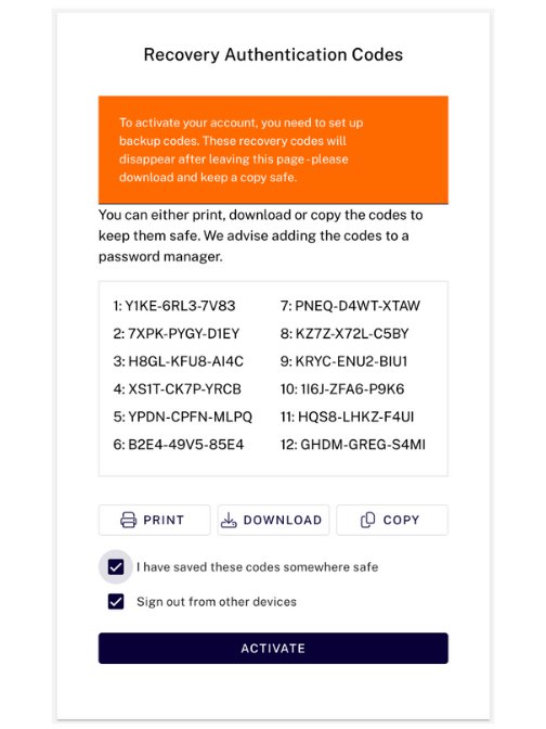 The page showing recovery codes for 2FA set up.