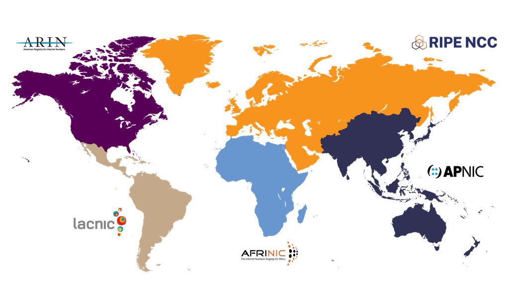 Maps showing the five RIRs globally